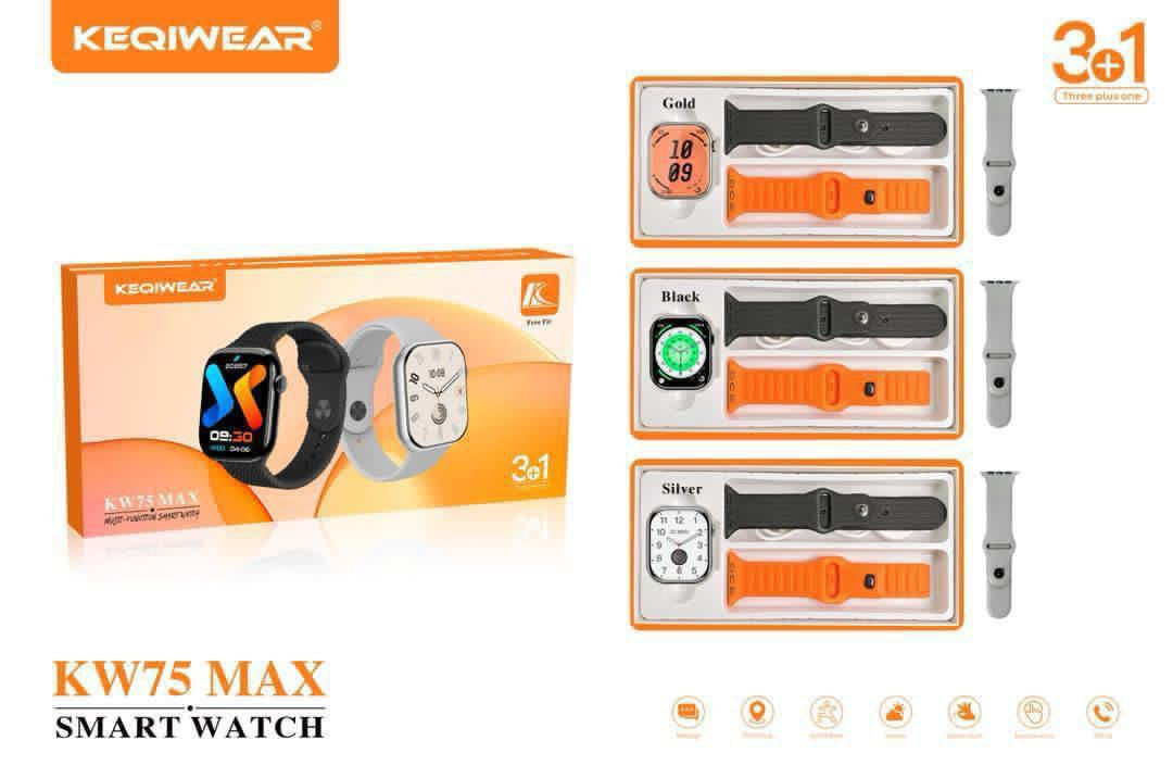 KEQIWEAR KW75 Max Smart Watch 3 Straps Band Wireless Charging Longer Battery Life Smartwatch